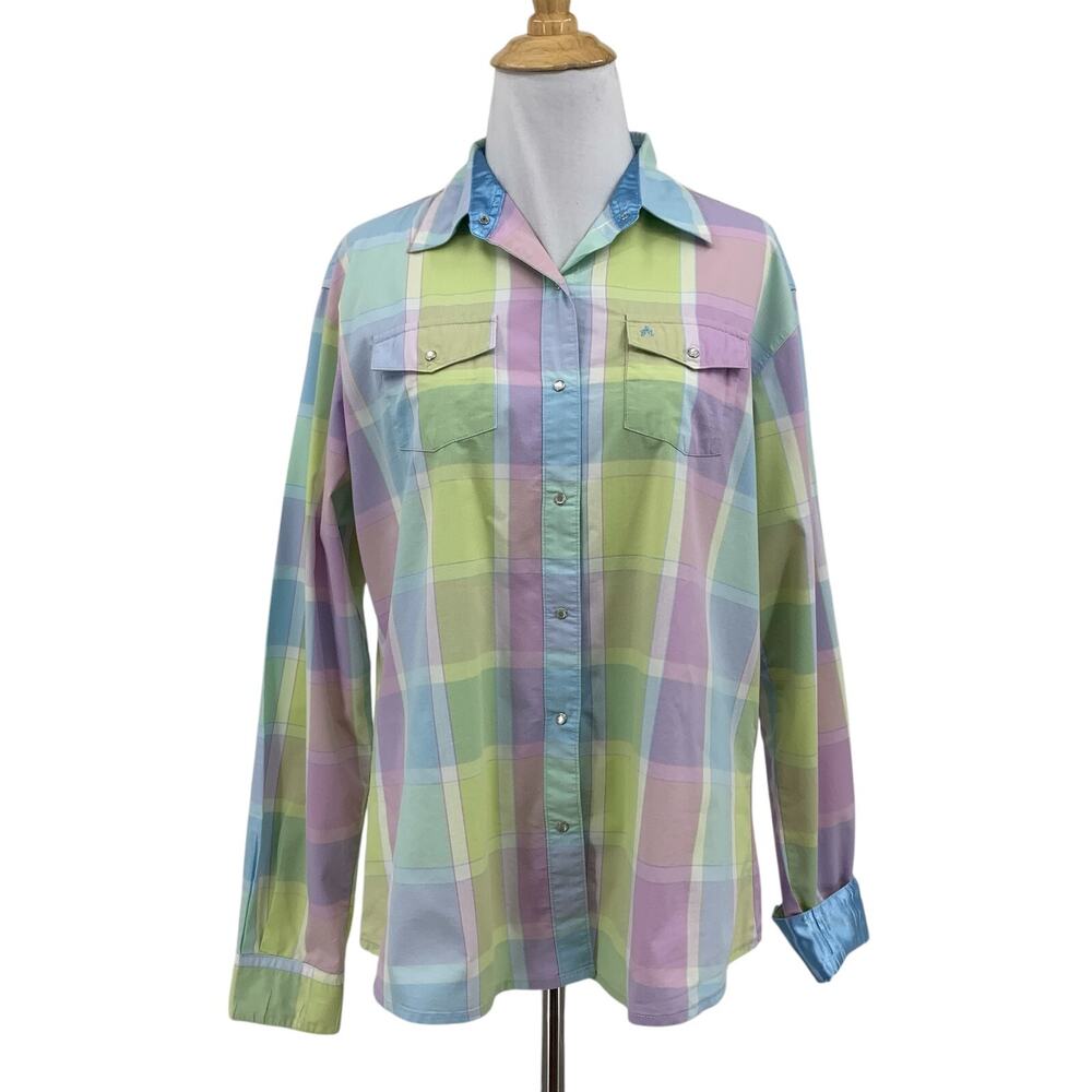 Aura Wrangler Shirt Womens M Medium Pastel Pearl Snap Buttons Western Flip Cuff